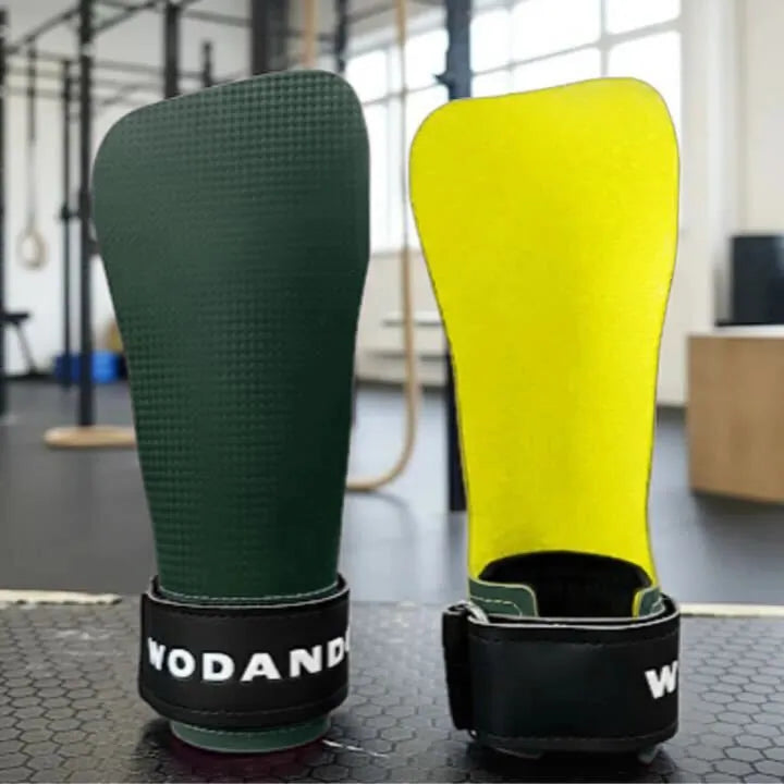 Maniques gym powergrip fusion kaki interieur microfibre jaune sans magnésie WODANDGO