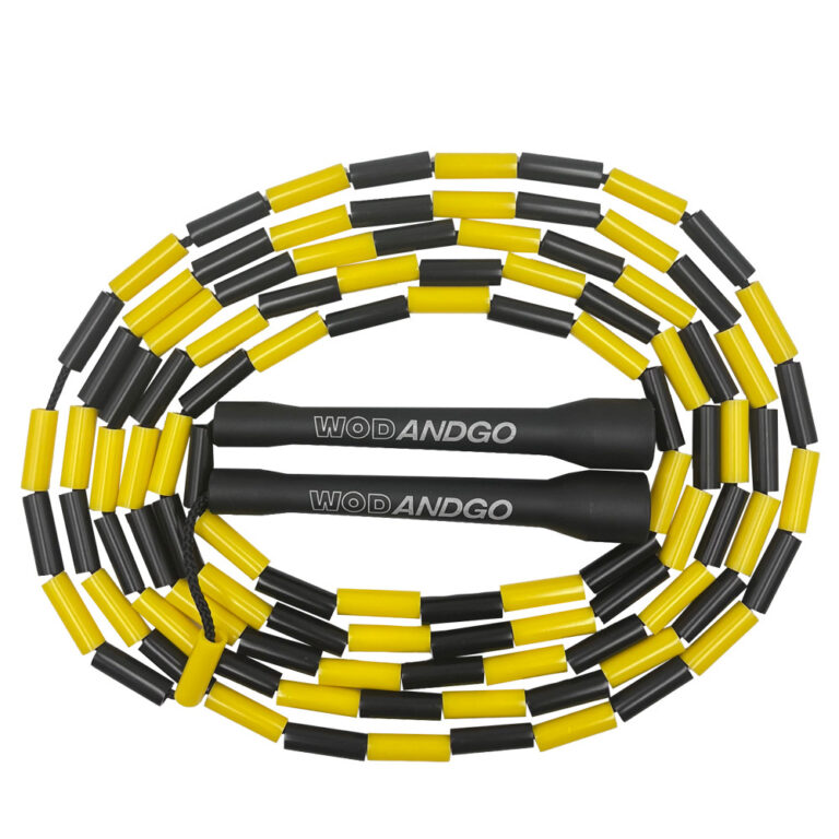 black and yellow beaded rope on white background